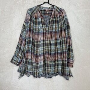 Free People Plaid Oversized Tunic Top Button Front Frayed Hem Size M Festival